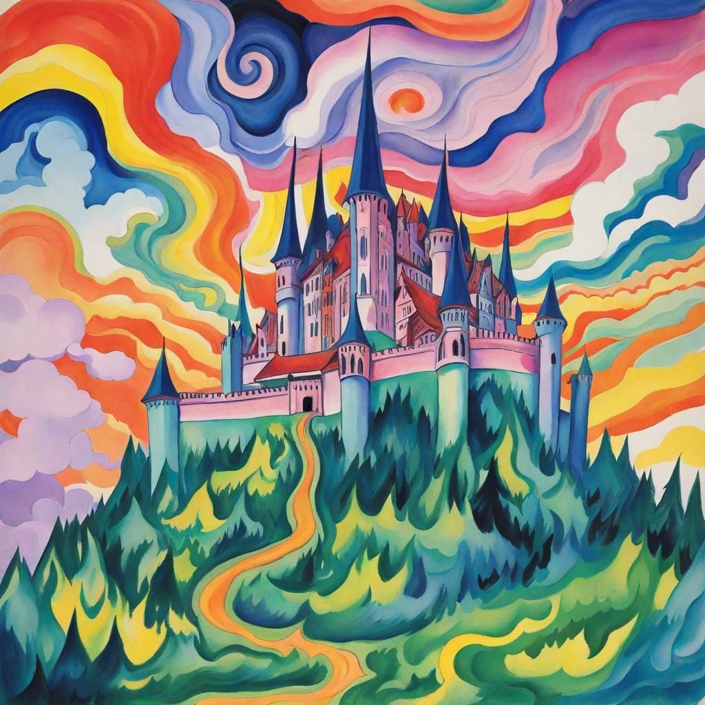 Psychedelic Castle Painting in Vibrant Watercolor Style