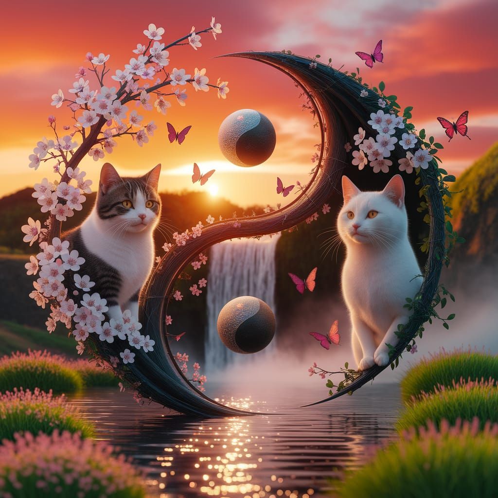 Yin Yang Symbol with Cats, Blossoms, and Sunset