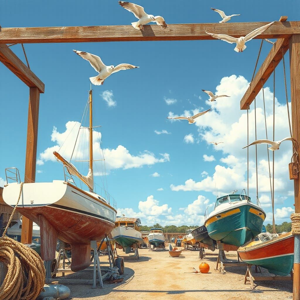 Vintage Sailing Boatyard Scene in Whimsical Storybook Style