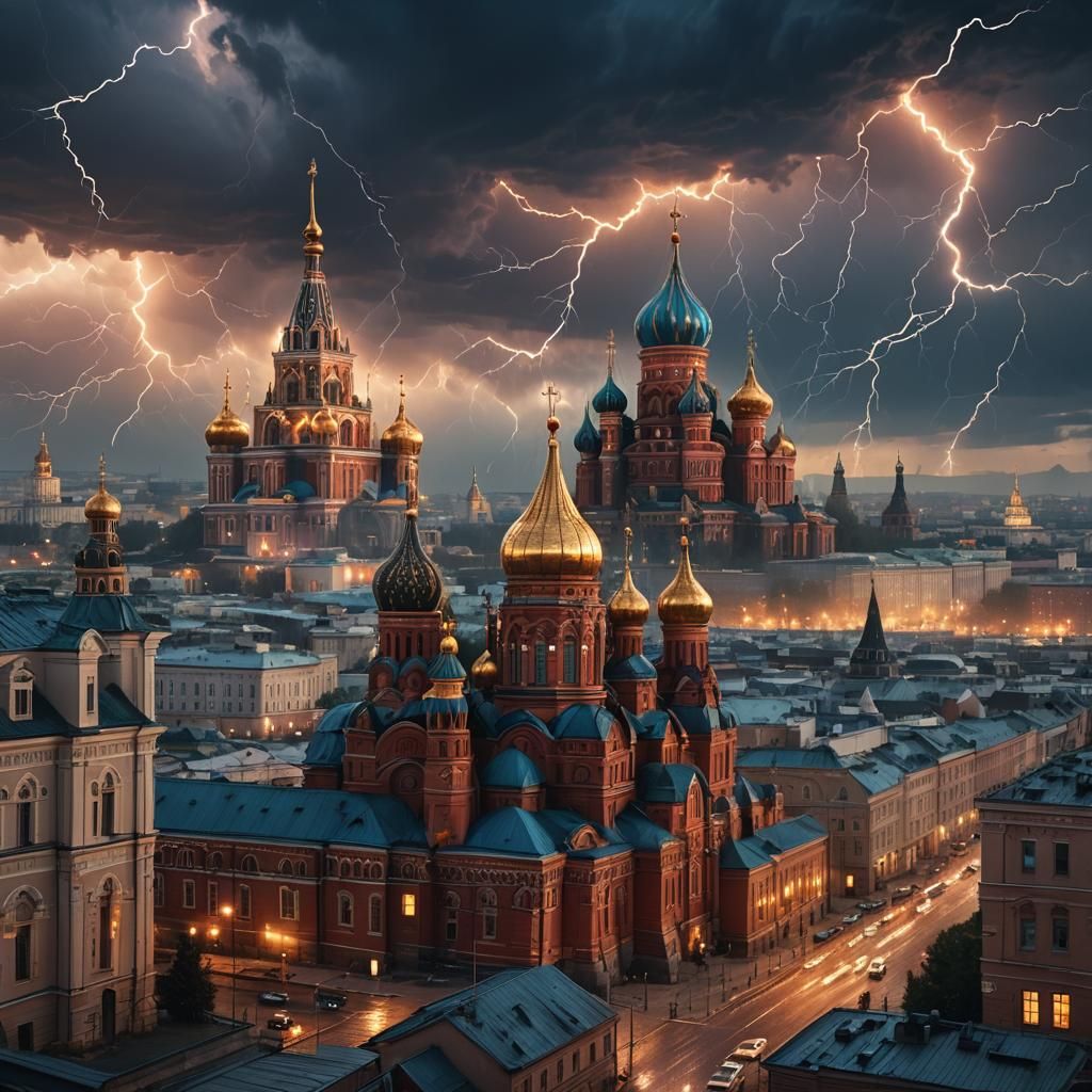 Futuristic Moscow Cityscape with Lightning, Digital Matte Pa...