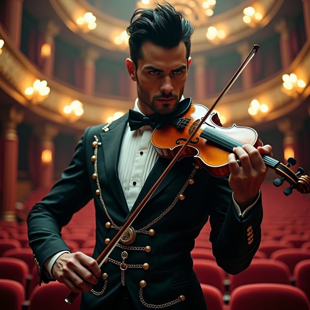 Steampunk Vampire in Tuxedo, Playing Violin on Opera Stage
