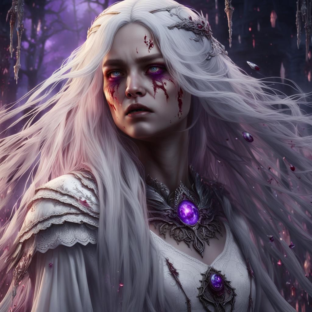 White-Haired Girl Crying Blood: Fantasy Concept Art