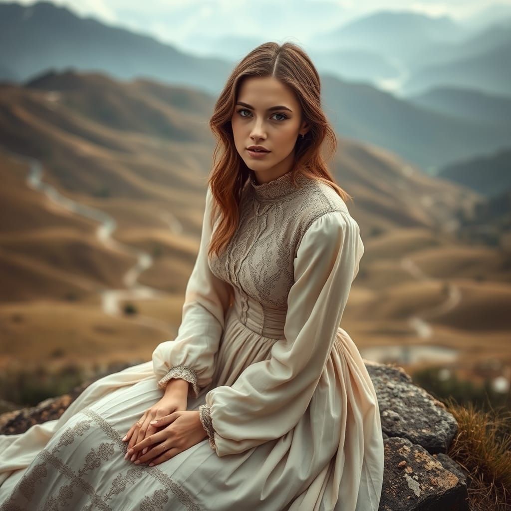 Mystical Woman in Dreamlike Romantic Landscape
