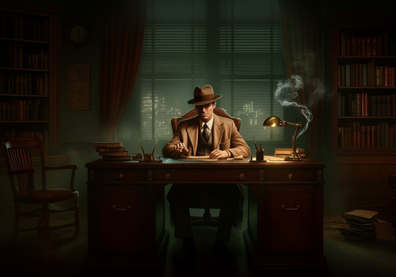 Vintage Detective in 1930s Film Noir Office