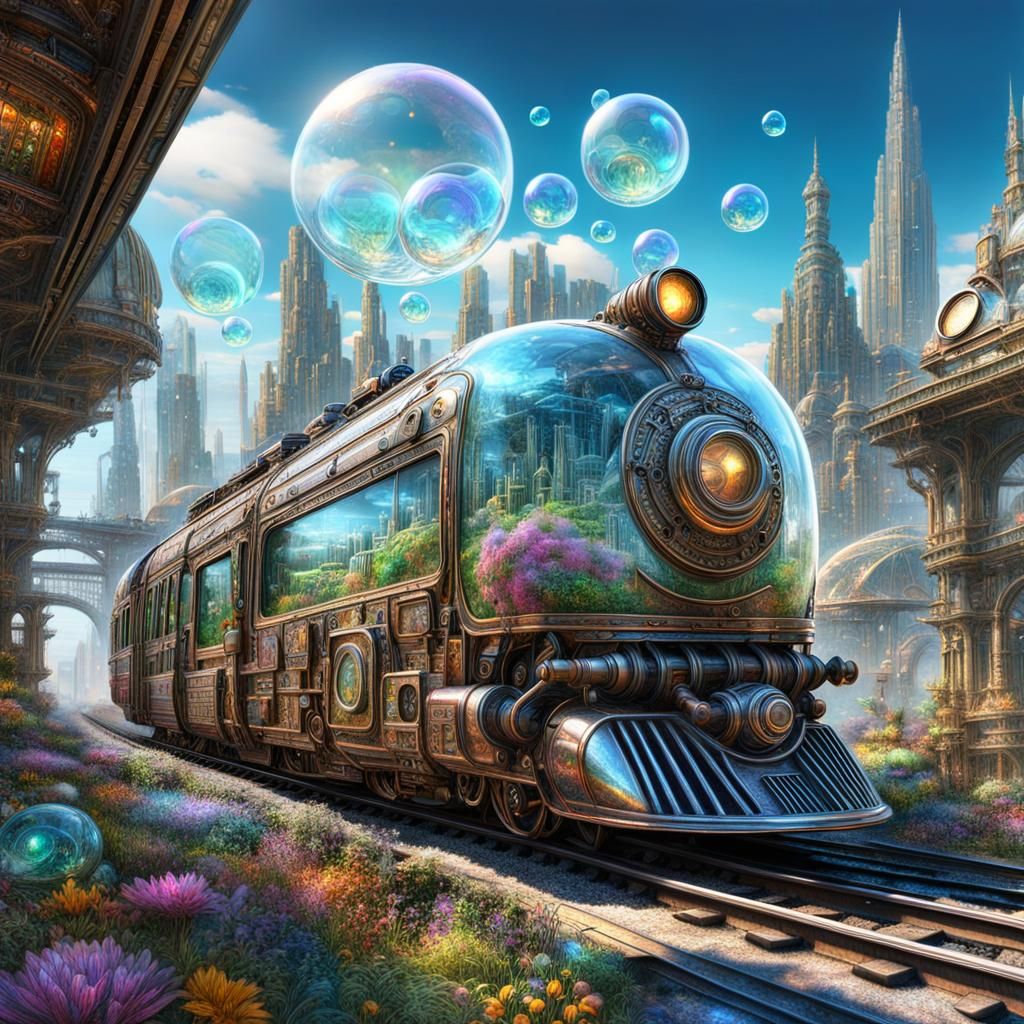 Crystal Train over Cybercore City, Detailed Matte Painting