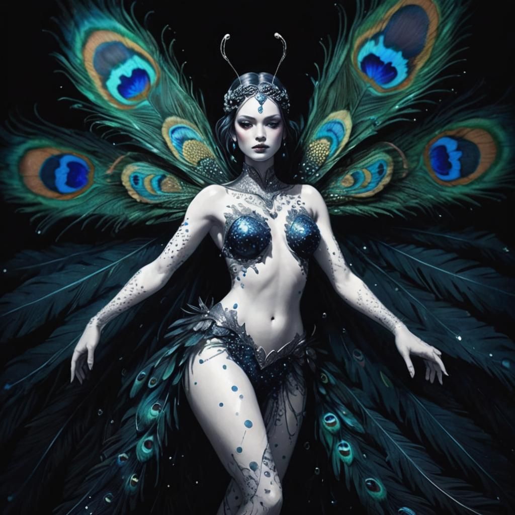 Butterfly Woman with Peacock Feathers in Comic Art Style