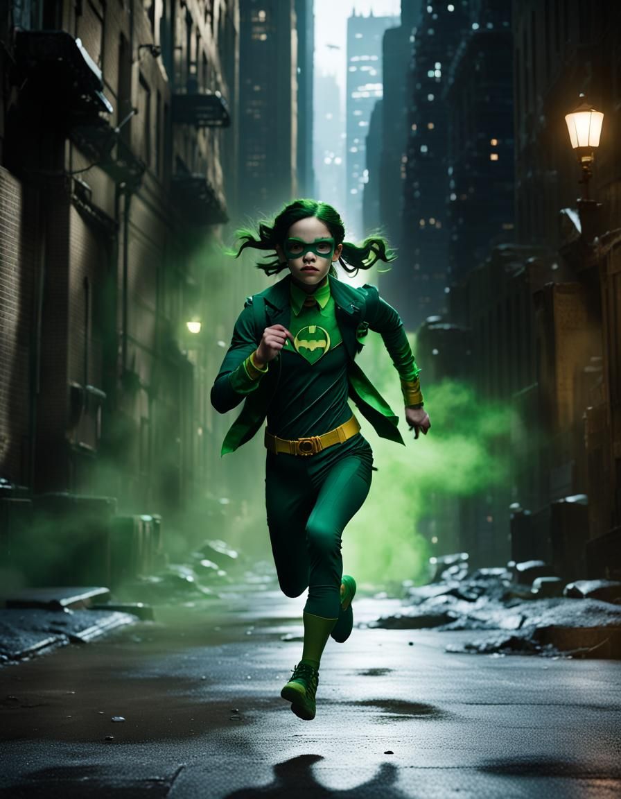 Jenna Ortega as The Riddler in Gotham Alleyway