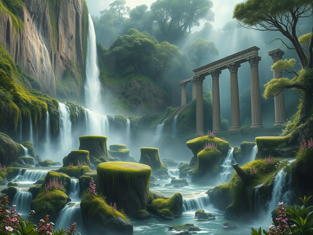 Ancient Roman Ruins in Mystical Forest, Watercolor Painting