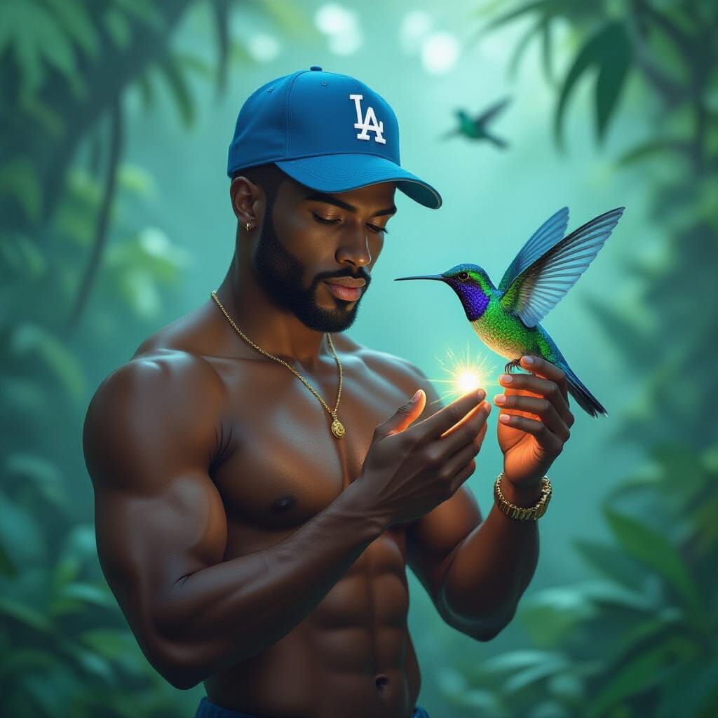 Black Man Holds Glowing Hummingbird in Lush Jungle