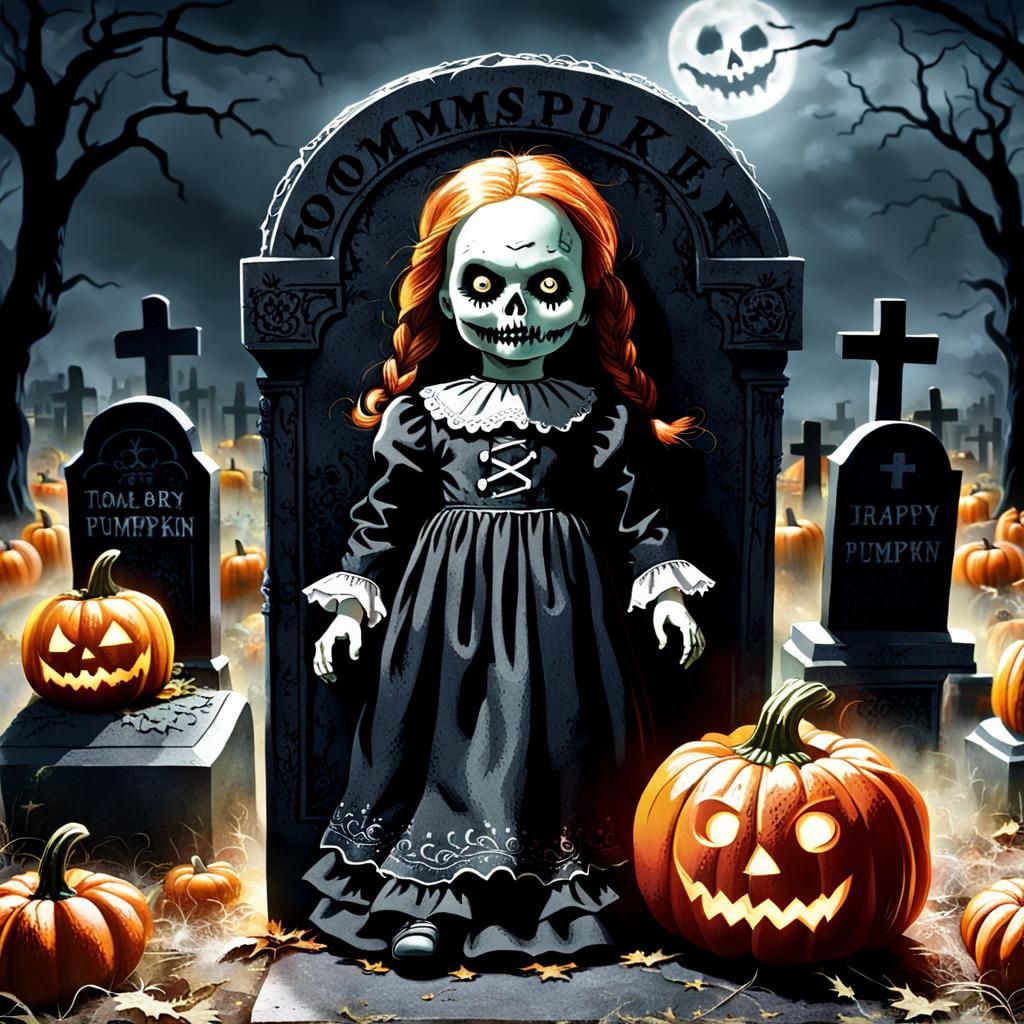 Eerie Halloween Scene: Doll, Tombstone, and Pumpkin