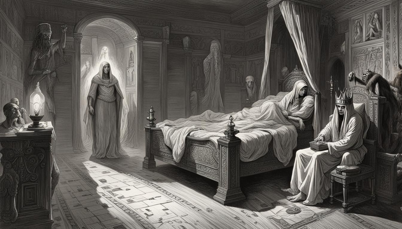 Pharaoh's Ghostly Visit in a Horror Scene