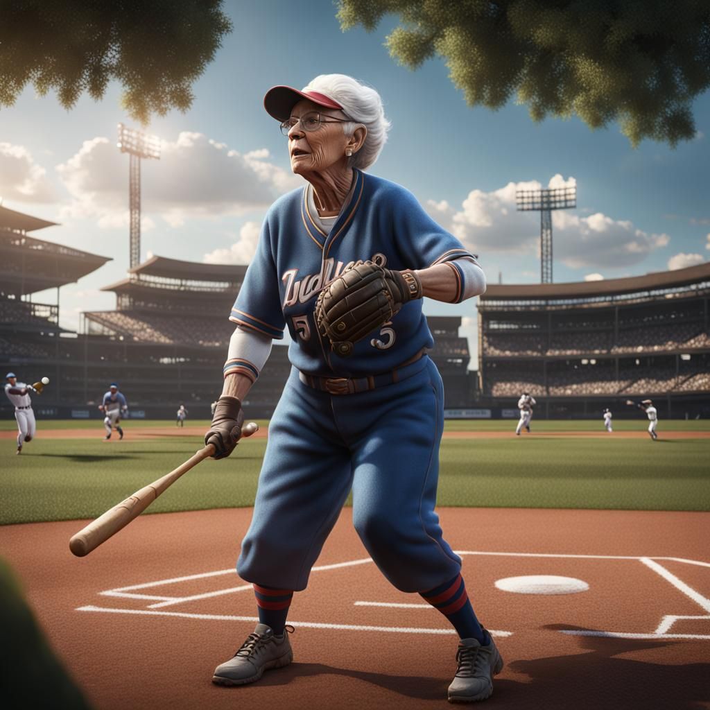 Elder Woman Playing Baseball in Detailed Matte Painting