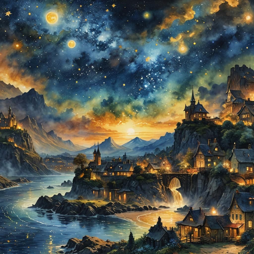 hyper-detailed watercolour of starry night