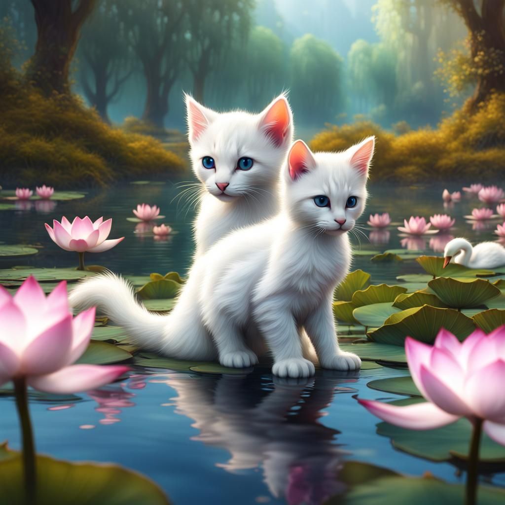 White Kitten in Lotus Garden with Swans