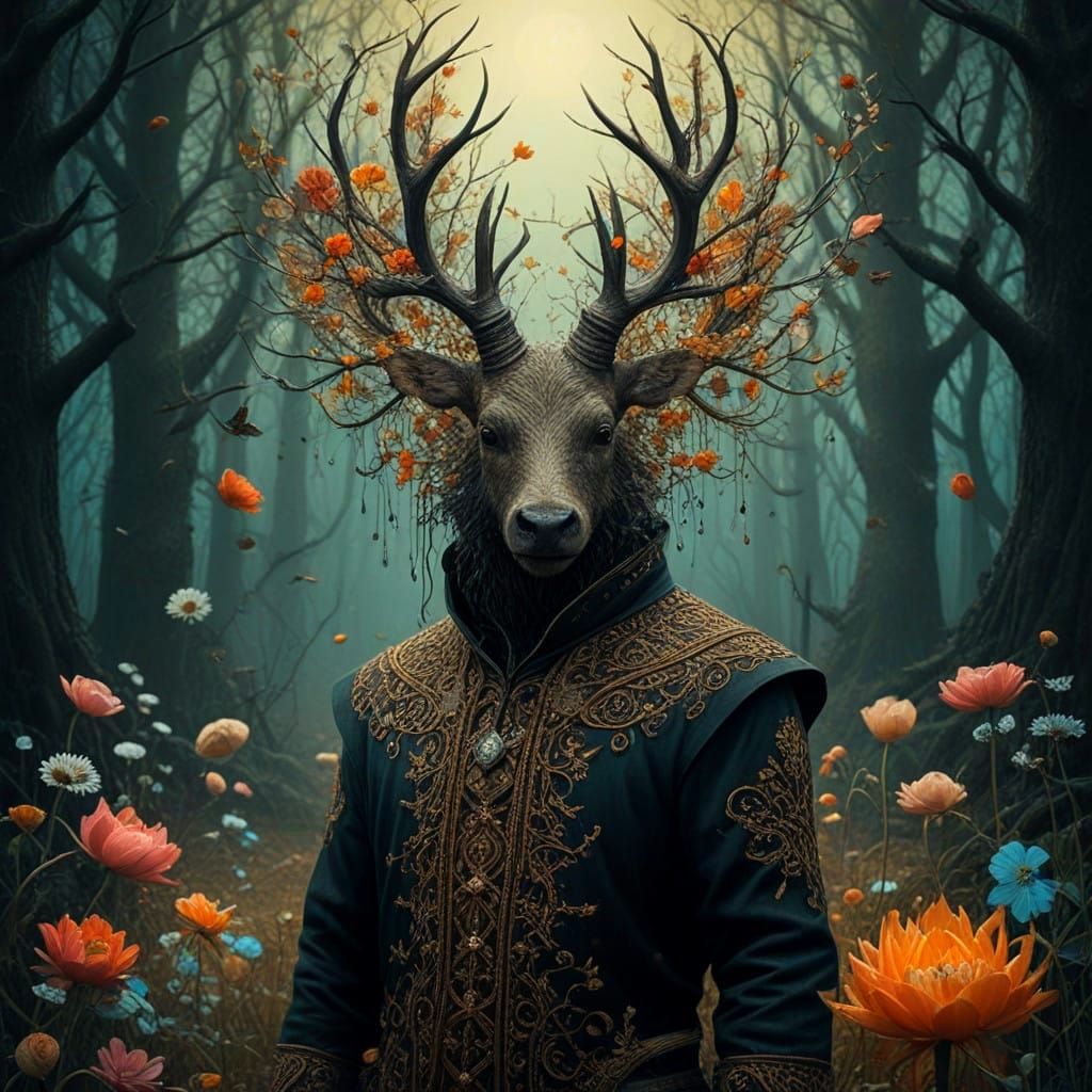 Whimsical Deer in Hazy Floral Collage, Folk Art Style