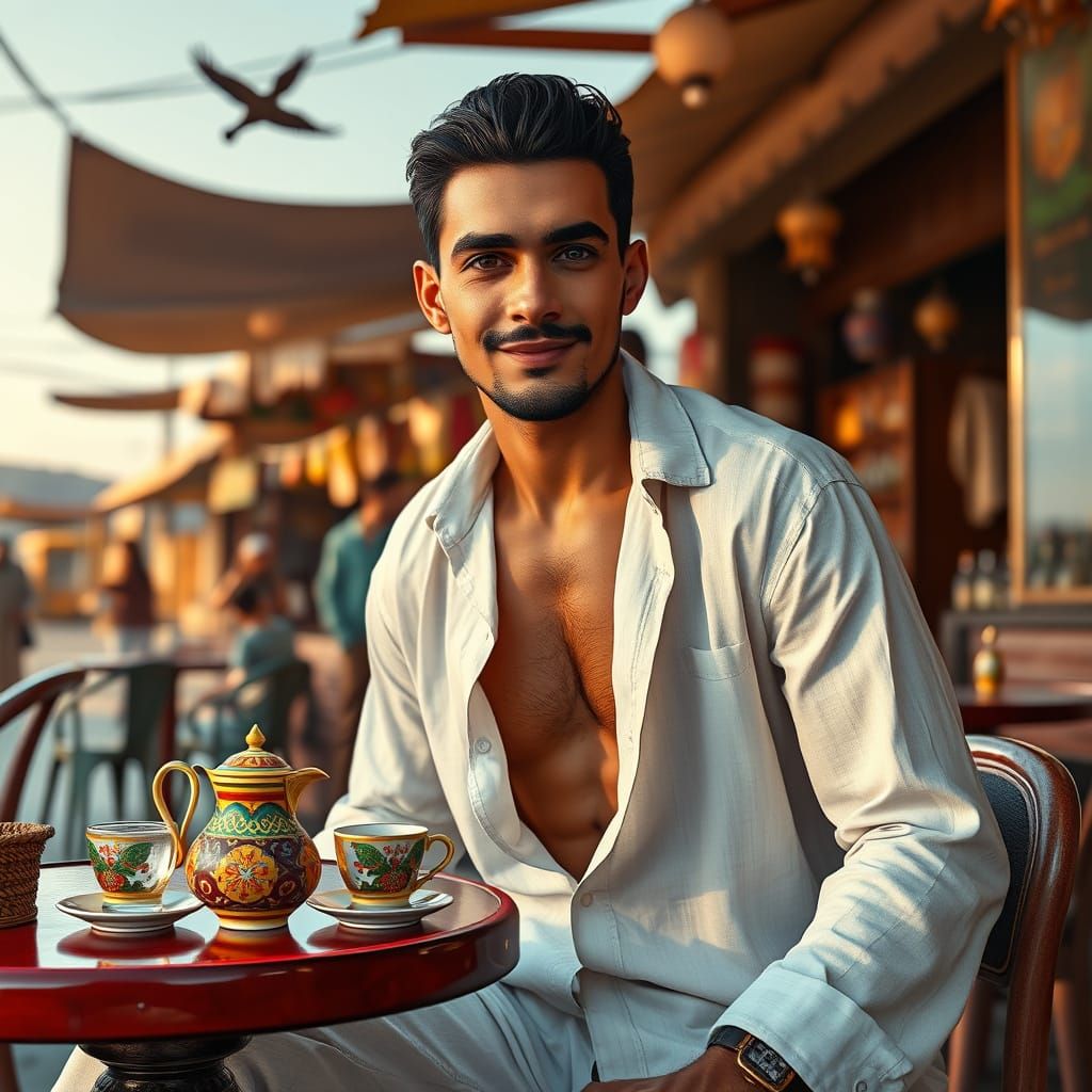 Handsome Arab Man Enjoying Mint Tea, Hyperdetailed