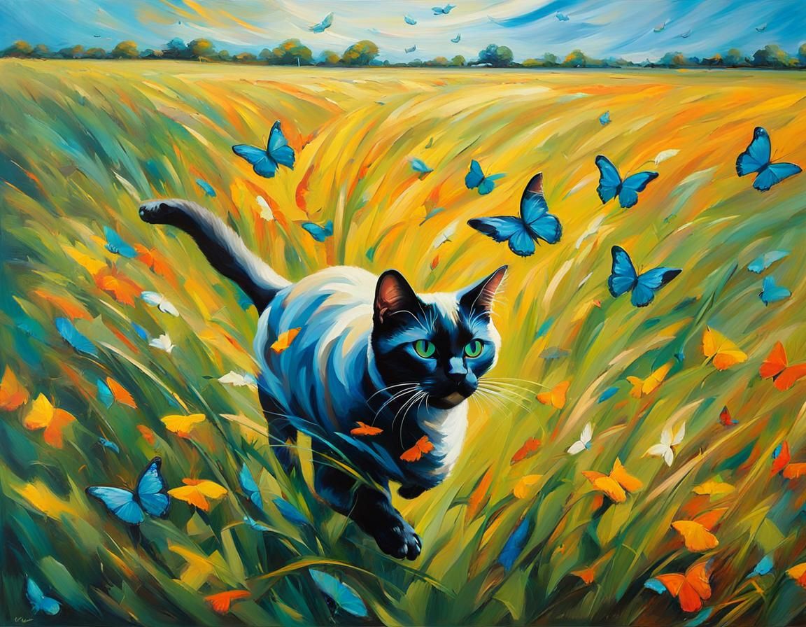 Siamese Cat Pounce: Expressionist Oil Painting