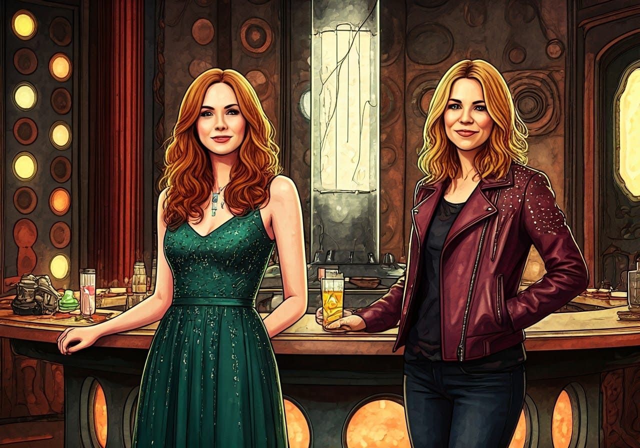 Regal Time-Traveling Duo Pose in Vibrant Tardis Scene