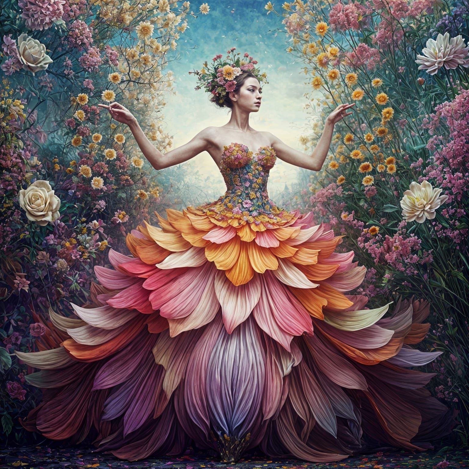 Ethereal Beauty Surrounded by Vibrant Blooms in Surreal Oil...