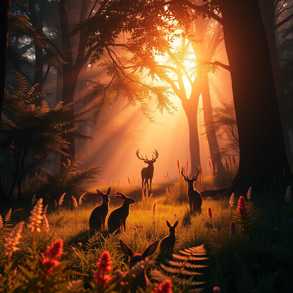 Mystical Forest Scene with Silhouetted Deer and Whimsical At...