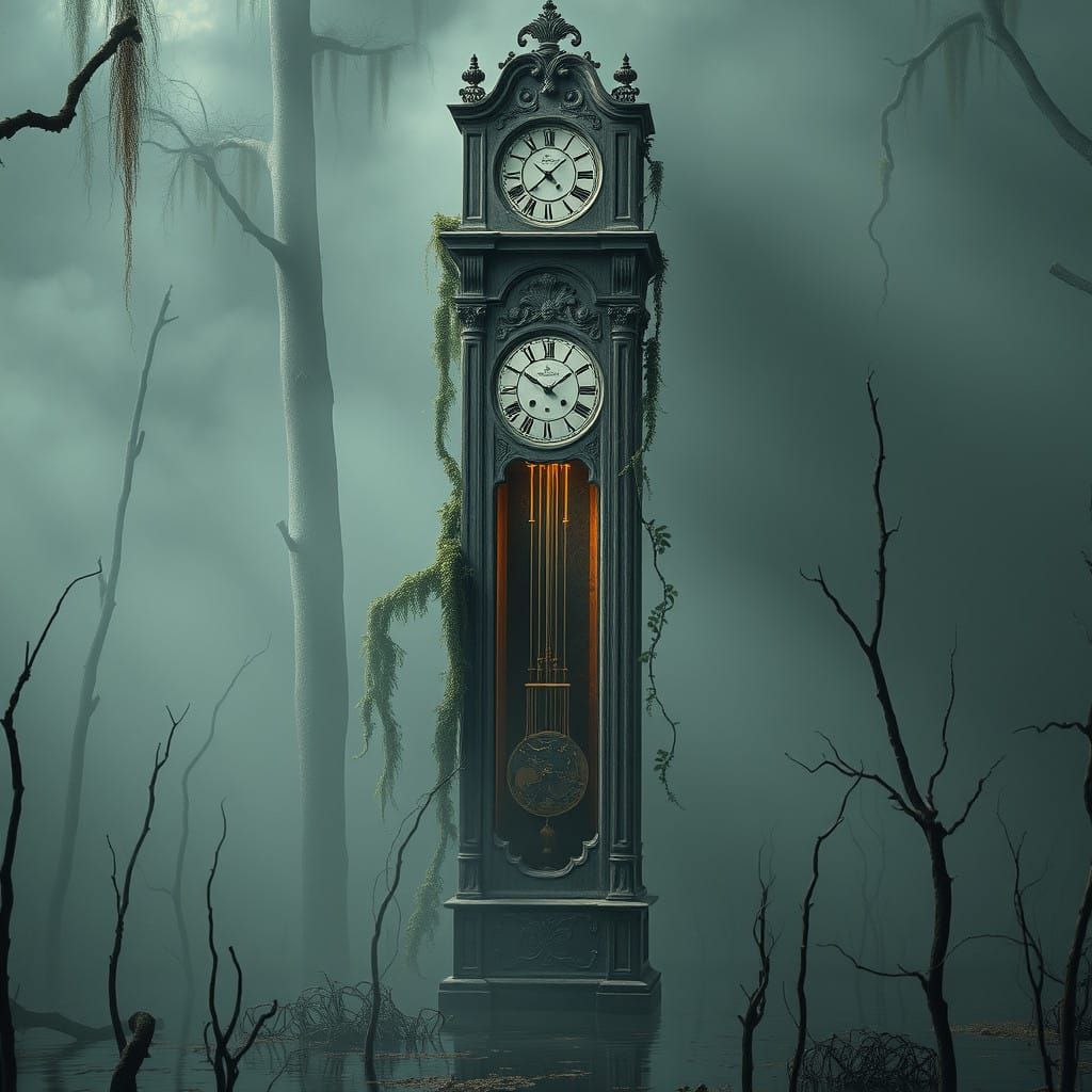Ethereal Grandfather Clock Amidst a Decaying Swamp in Realis...