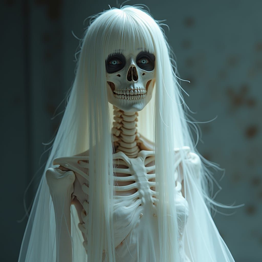 Ethereal Skeleton Girl in White Dress