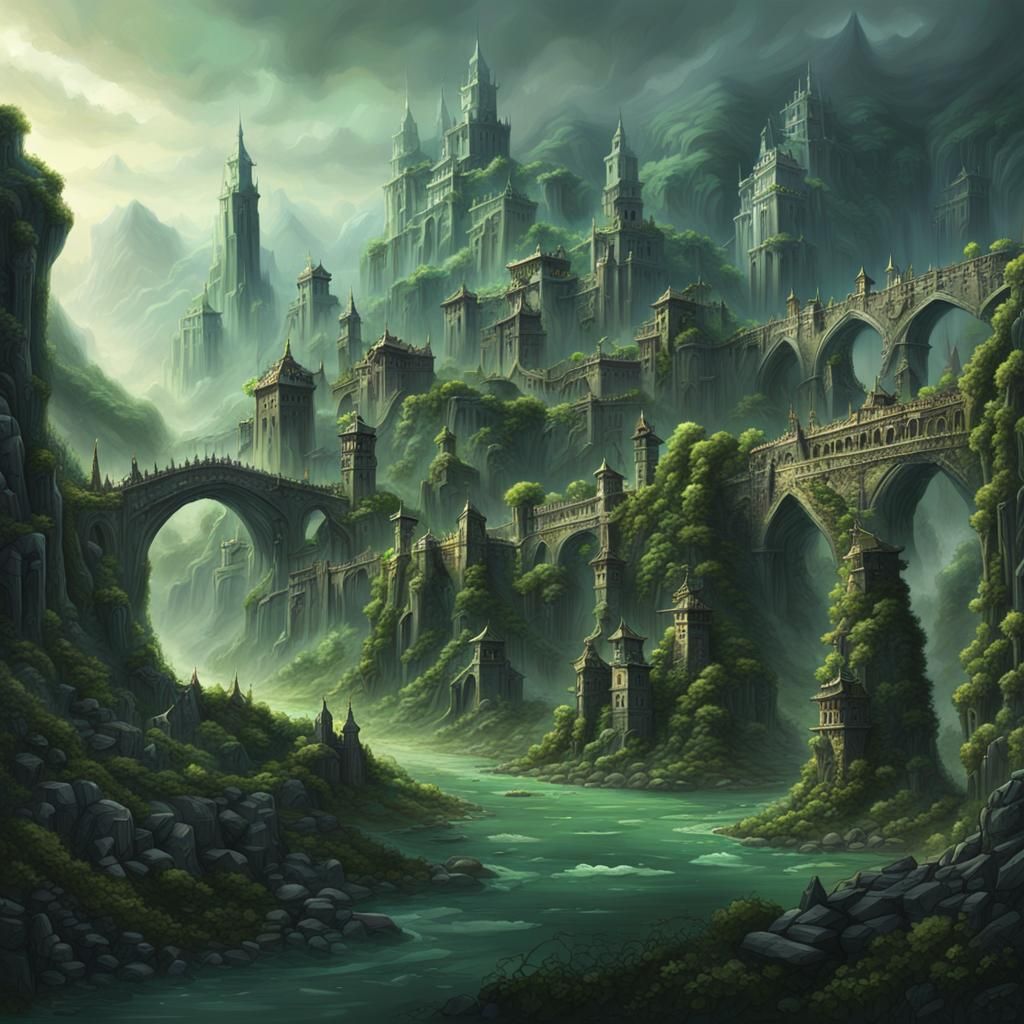Majestic Vine-Covered City in Dark Fantasy Style