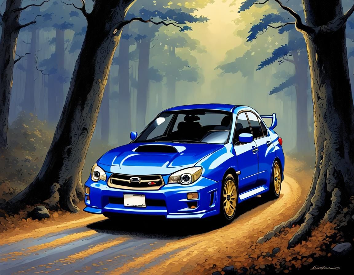 Cartoon Subaru on Spooky Forest Road