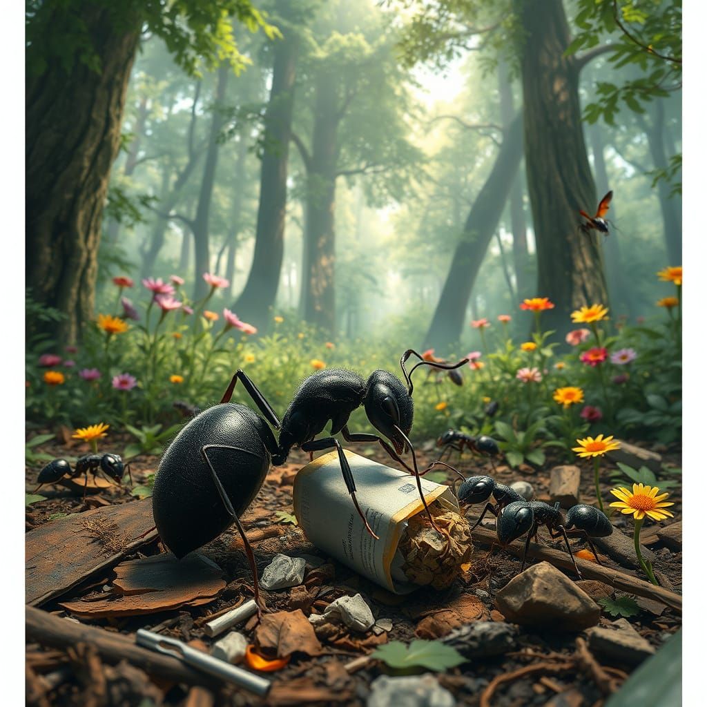 Ants Cleaning Litter in Hyper-Realistic Forest Scene