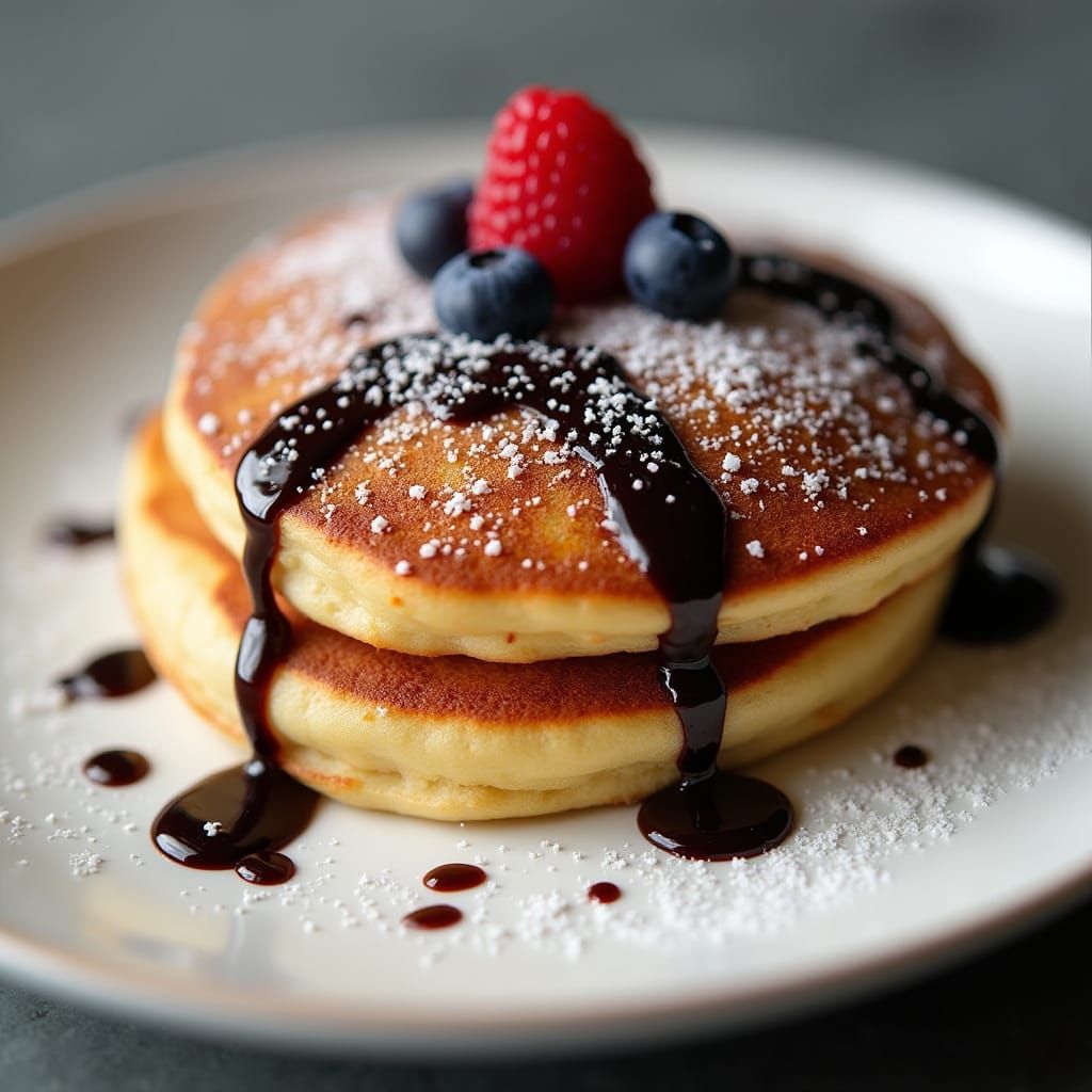 Fluffy Pancakes with Chocolate Drizzle and Berries