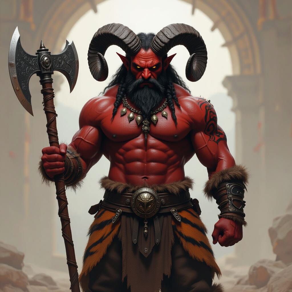 Devilish Barbarian with Ram Horns and Massive Axe