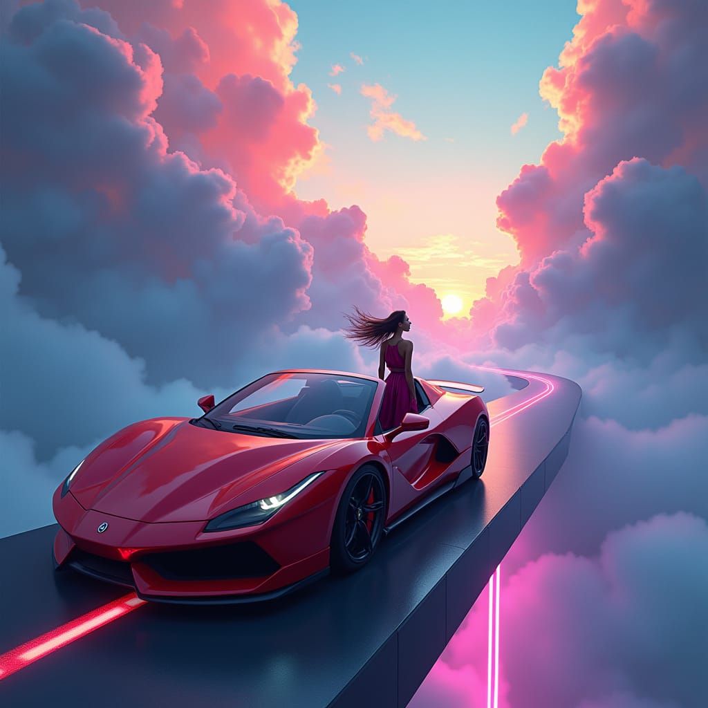 Red Sports Car on Futuristic Bridge with Fantasy Sky