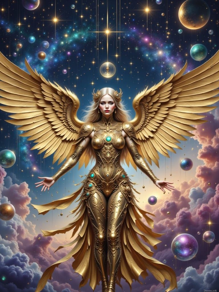 Celestial Clockwork Angel Over Nebula in Art Deco Style