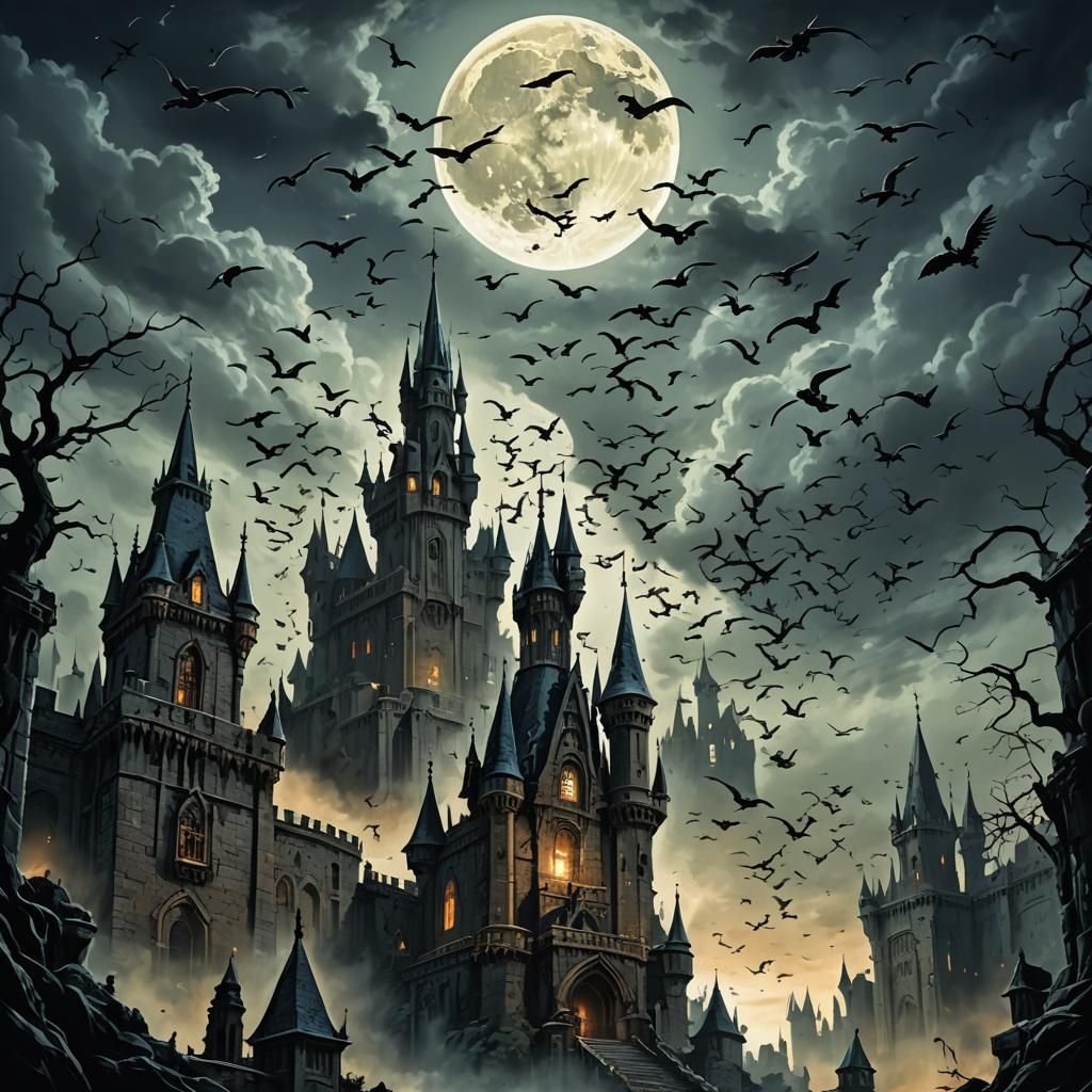 Monkeys Fly Around Gothic Castle in Dark Fantasy Art