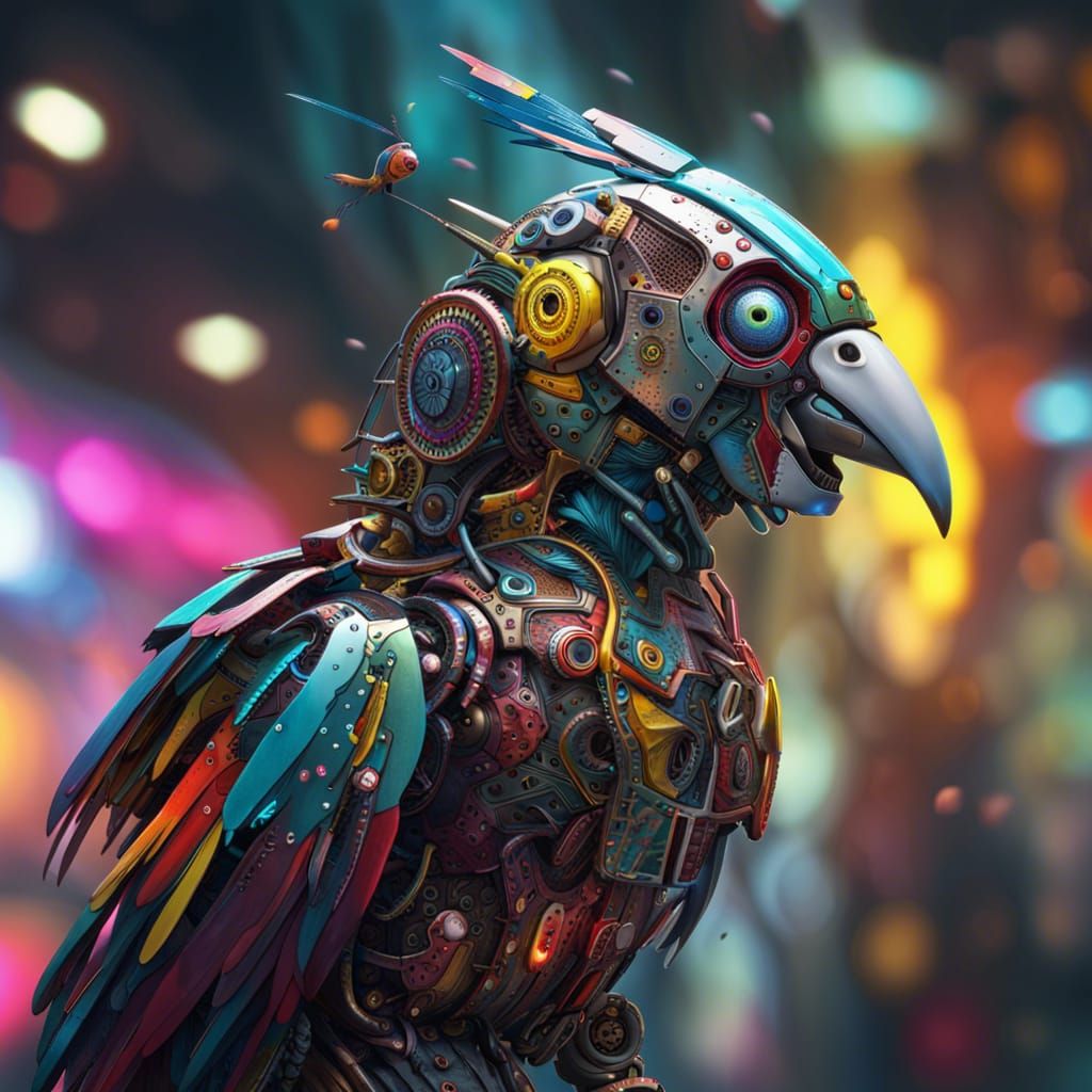 Colorful Cybernetic Robot Parrot in Hyperrealistic Style