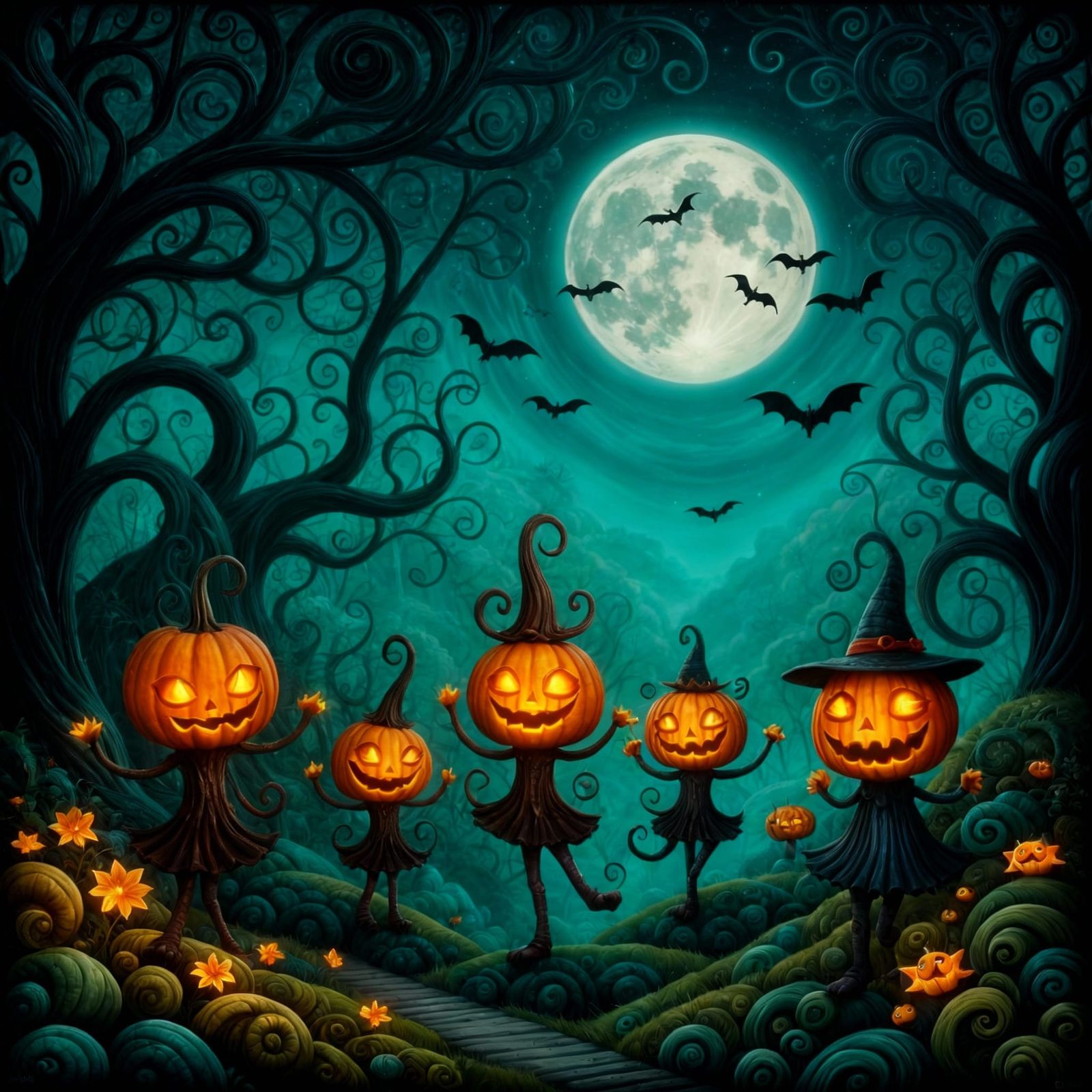 Eerie Forest Scene: Glowing Pumpkins Dance Under Moonlit Sky