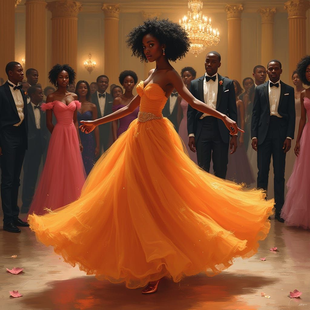 Elegant Black Princess Dancing in Ballroom
