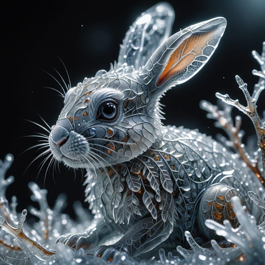 Icy Biomechanical Rabbit: Macro Hyperrealistic Photography