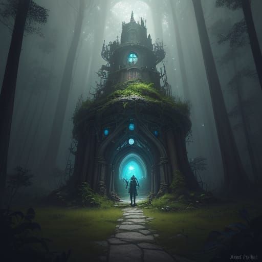 Steampunk Portal in Moonlit Forest: Matte Painting