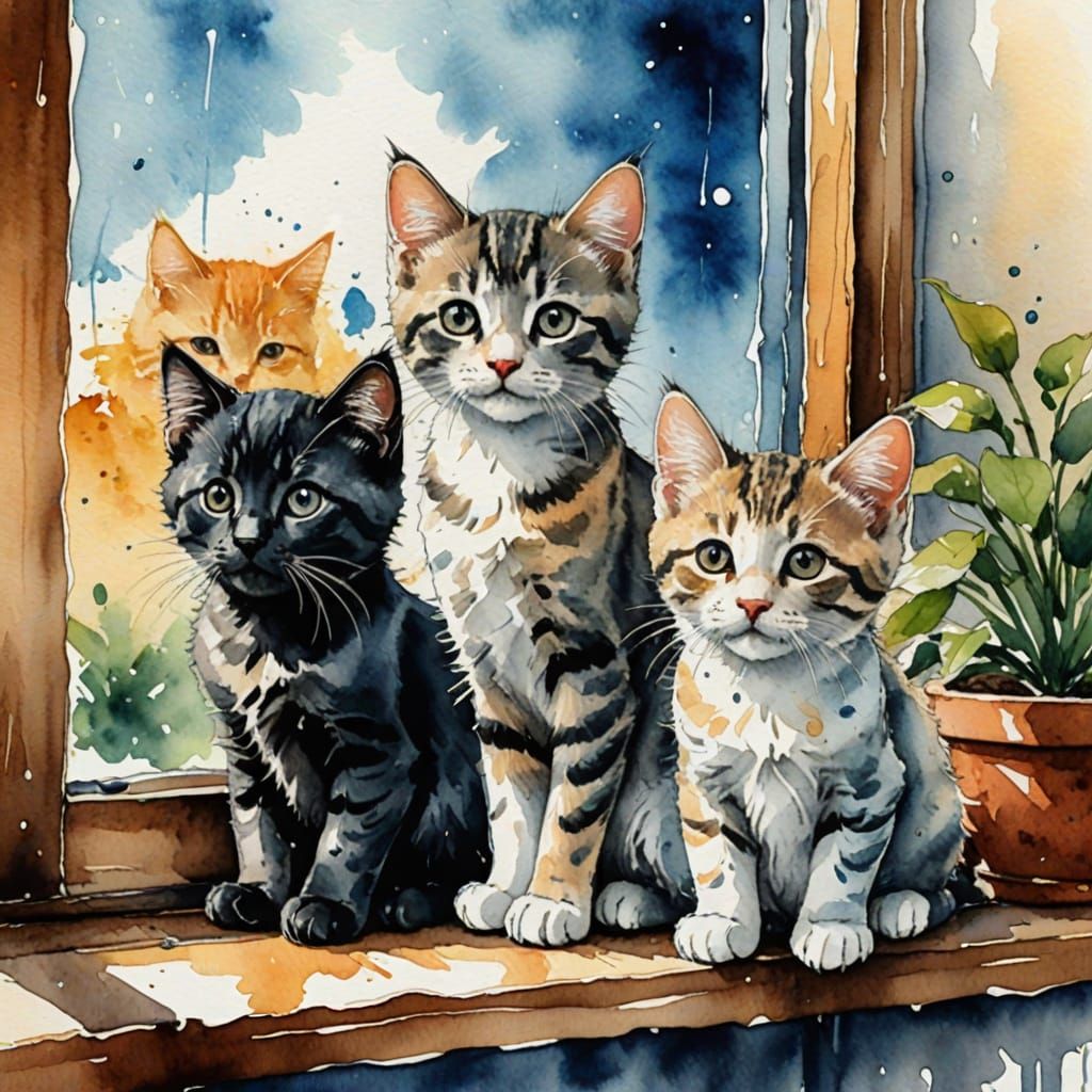 Watercolor Kittens on a Window Sill