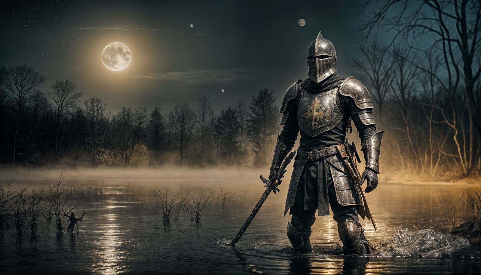 Eerie Knight Rising from Misty Pond at Night