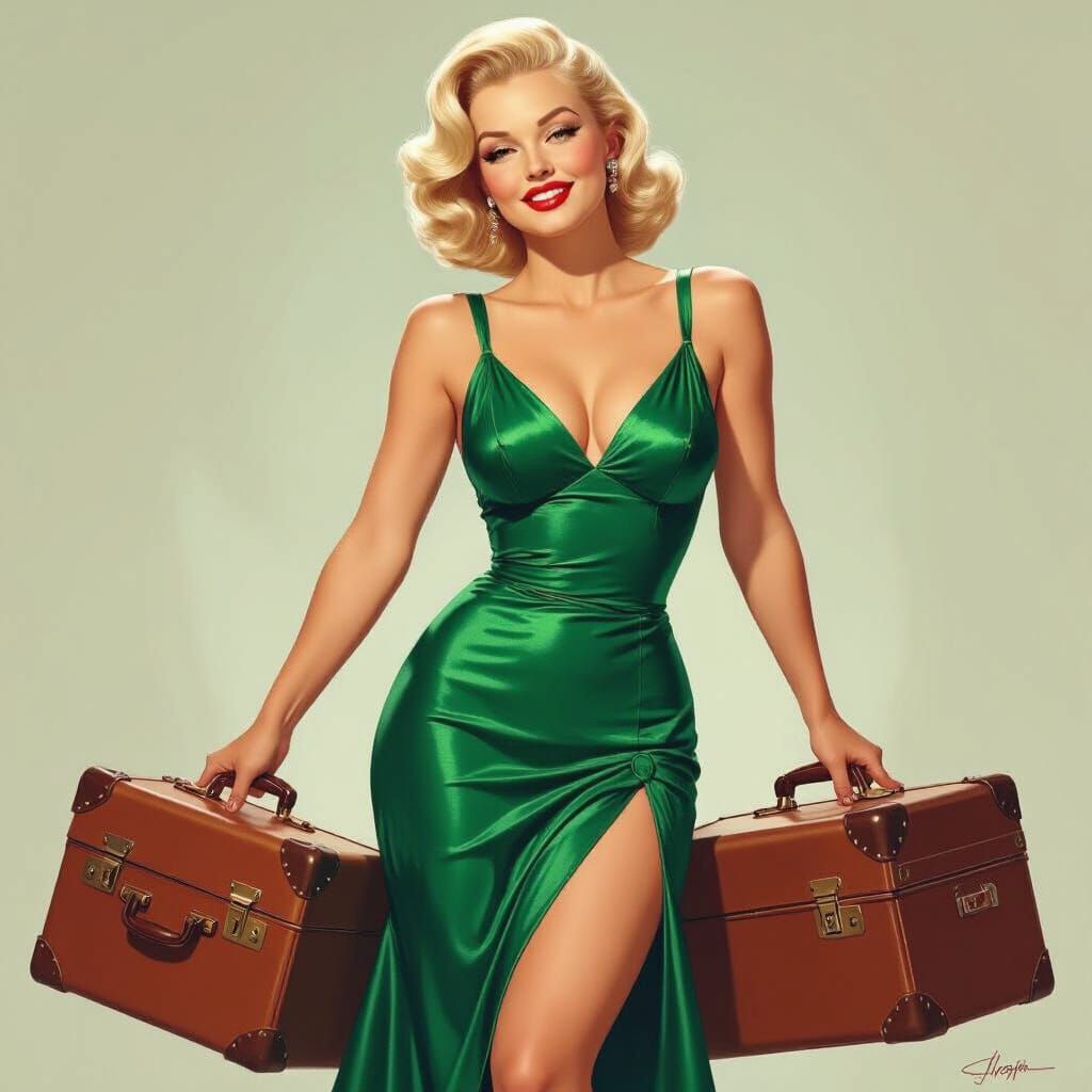 Vintage Pin-Up Girl in Emerald Green Dress