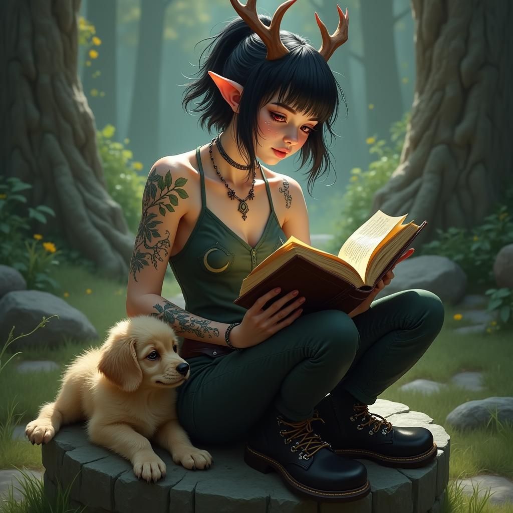 Elf Reading Book with Deer Antlers, Matte Painting
