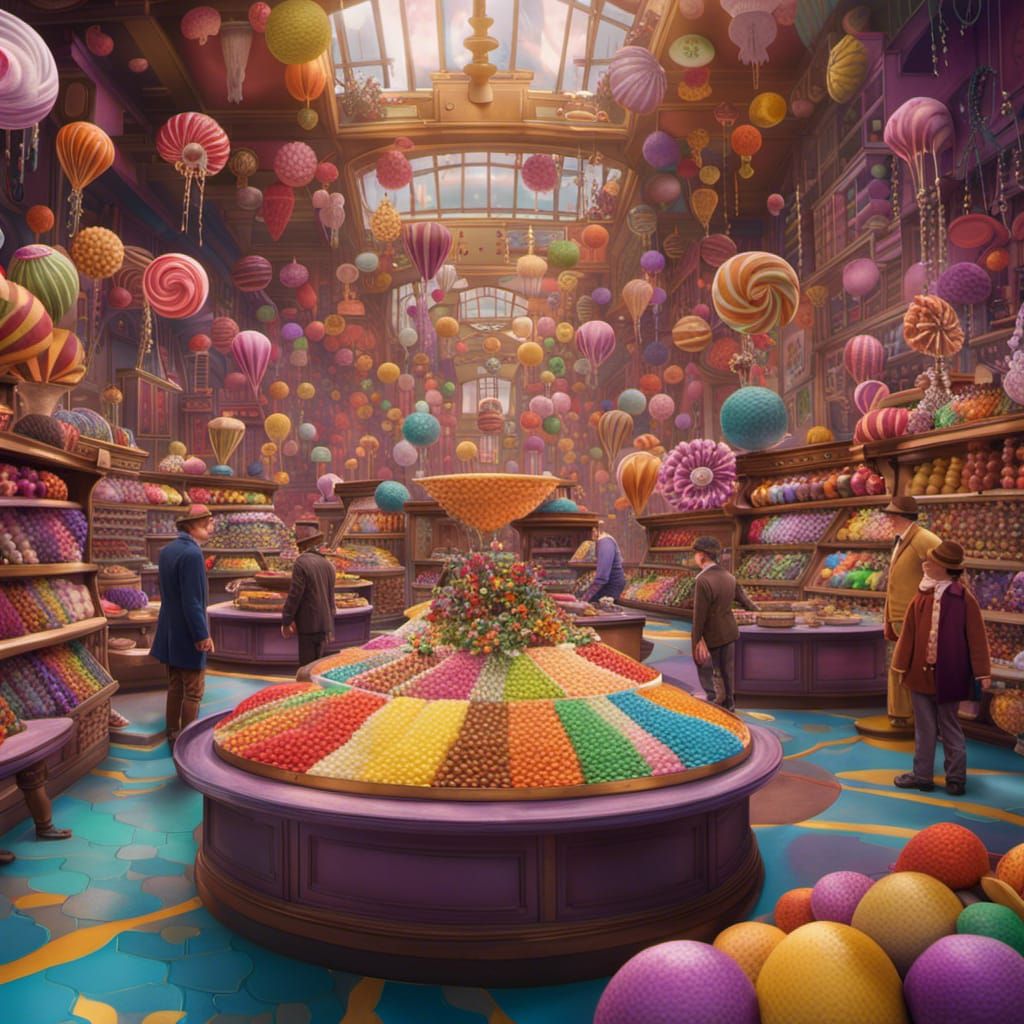 Hyperrealistic Painting of Willy Wonka's Candy Store
