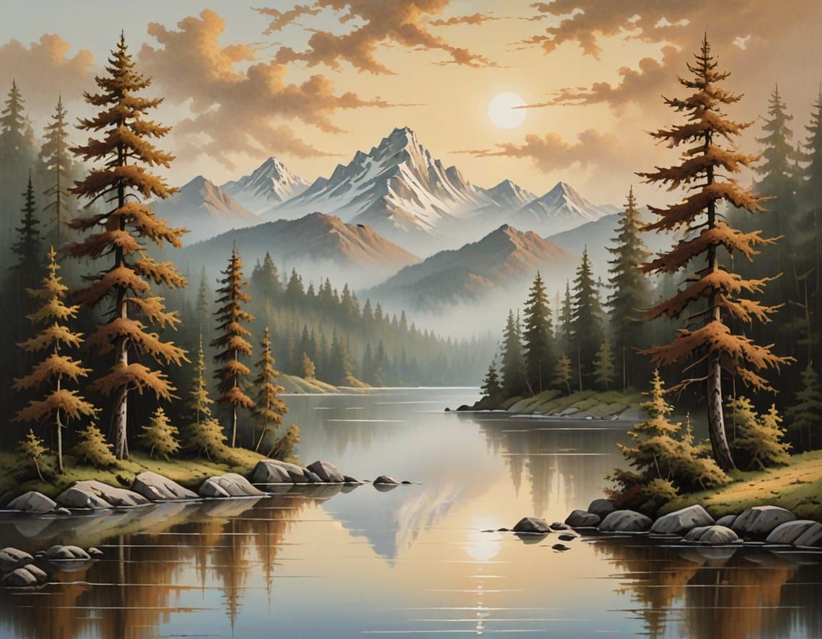 Peaceful Bob Ross-Inspired Mountain Lakeside Scene