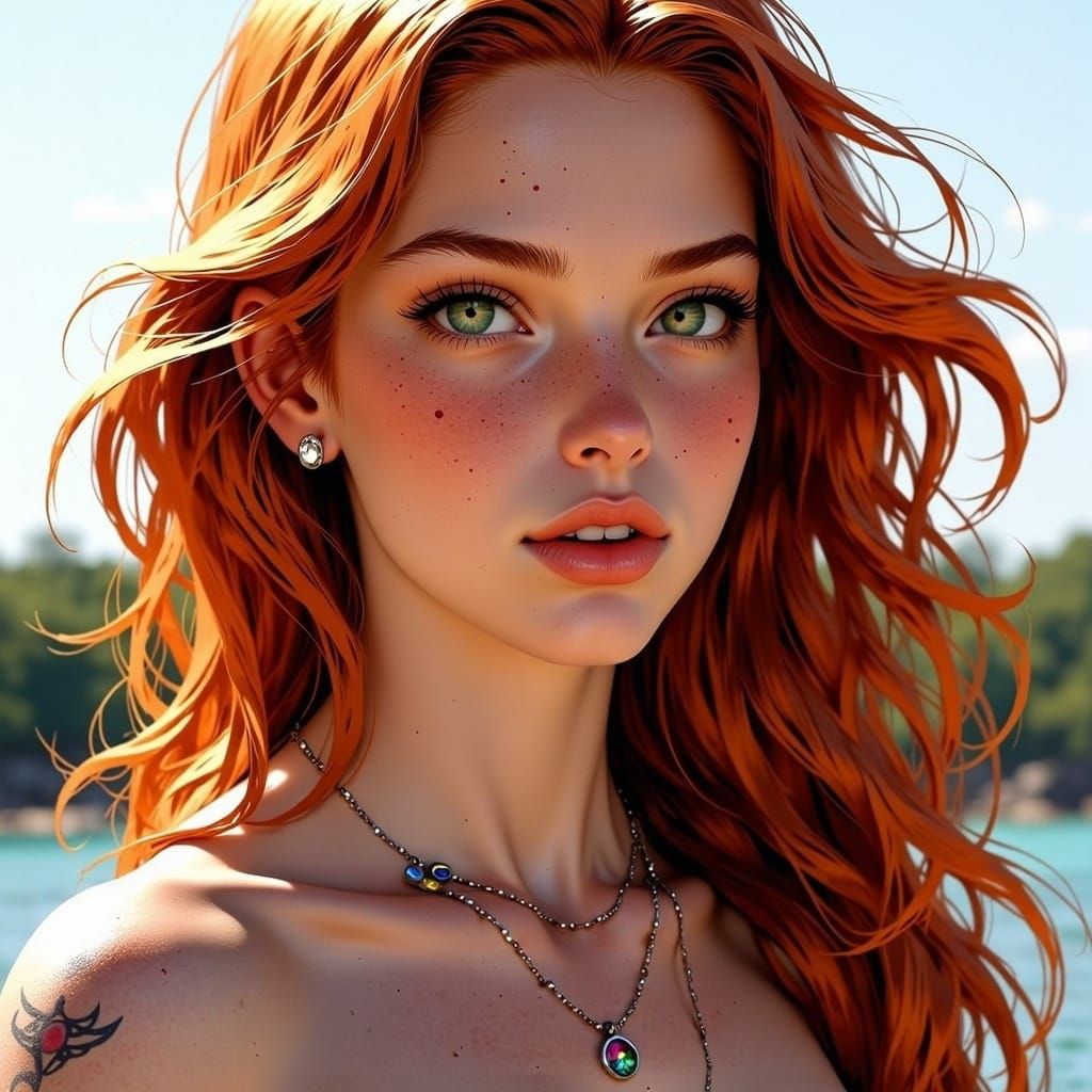 Smiling Redhead Woman With Freckles and Fluttering Hair