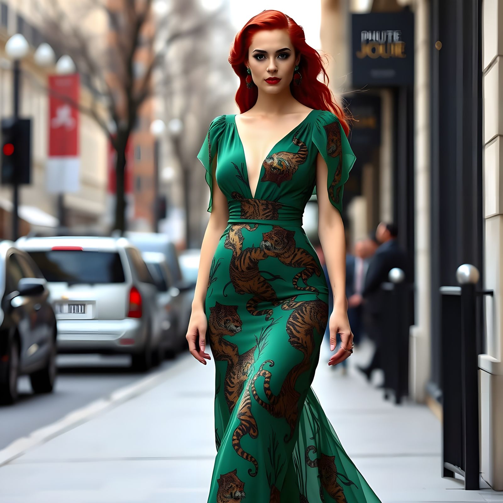 Blonde Woman in Green Tiger Dress
