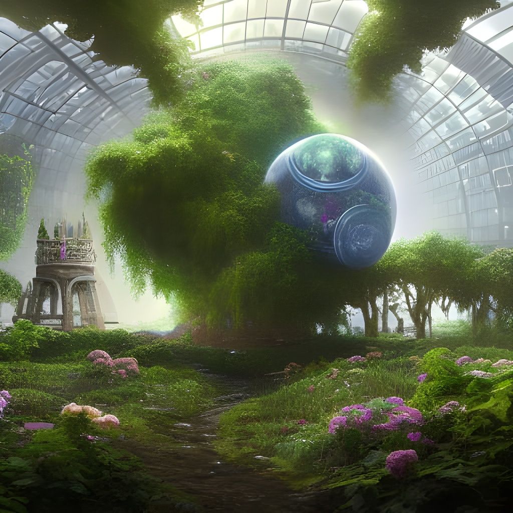 Sci-Fi Terrarium with White Flowers, Digital Art