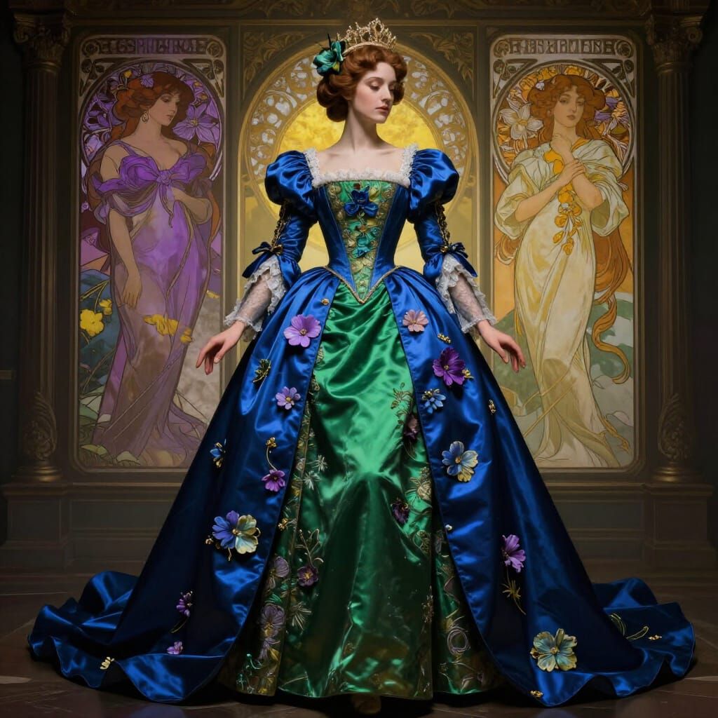 Renaissance Gown of Blue and Green Satin with Cascading Flow...