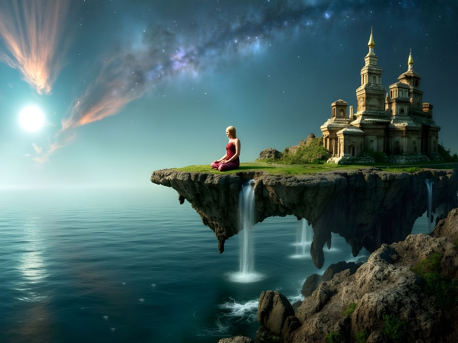 Floating Island Sanctuary Overlooking Nebula Sky